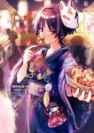  1boy :t alternate_costume alternate_headwear black_hair black_kimono black_sleeves blunt_ends choppy_bangs collarbone commentary_request contemporary crowd eyeliner feathers festival fingernails food food_in_mouth foreshortening fox_mask genshin_impact gurumin_(gurruguru) hand_up holding holding_skewer incoming_gift japanese_clothes kimono lantern looking_at_viewer makeup male_focus market_stall mask obi paper_lantern pom_pom_(clothes) pouch purple_eyes purple_pupils purple_sash red_eyeliner sash scaramouche_(genshin_impact) seigaiha skewer solo takoyaki three-quarter_sleeves tsurime upper_body watermark wolf_cut yellow_feathers yukata 