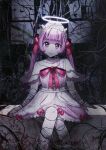  1girl absurdres ai-chan_(love_angel_syndrome) bandaged_arm bandages blood blood_splatter blunt_bangs cable chest_bow commentary doll_joints dress english_commentary feet_out_of_frame full_body halo hat head_tilt highres joints layered_dress looking_at_viewer love_angel_syndrome milestone_celebration nurse_cap official_art overlighting pink_hair sidelocks sitting smile solo twintails white_dress winged_sleeves wire wrist_cuffs 