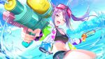  1girl :d ;d black_shorts black_tank_top blonde_streaks blue_sky blue_streaks breasts commentary_request crop_top day denim denim_shorts dual_wielding dutch_angle eyelashes fang fingernails floating_hair foreshortening goggles goggles_on_head hair_ornament hairclip happy heaven_burns_red highres holding holding_water_gun ishii_iroha jacket kurogane_tekki long_hair looking_at_viewer medium_breasts multicolored_hair navel ocean one_eye_closed open_clothes open_jacket open_mouth outdoors paint_splatter parted_bangs purple_eyes purple_hair shorts sidelocks sky smile stomach streaked_hair tank_top thighs twintails water water_drop water_gun white_jacket 