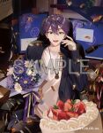  1boy :d bandaged_hand bandages bikini birthday black_cardigan black_pants bouquet cake cardigan chair commentary company_name confetti copyright_notice flower food green_eyes holding holding_bouquet indoors jewelry kenmochi_touya kenmochi_touya_(17th_costume) long_sleeves looking_at_viewer male_focus matsuhago microphone microphone_stand monitor necklace nijisanji official_art on_chair open_mouth pants print_bikini print_shirt purple_flower purple_hair sample_watermark shirt short_hair sitting smile solo swimsuit virtual_youtuber watermark white_shirt wisteria 