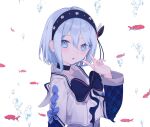  1girl :o absurdres air_bubble black_bow black_bowtie black_choker black_hairband blue_eyes blue_hair blue_sleeves blush bow bowtie bubble choker ciel_(kamitsubaki_studio) commentary_request daisi_gi double-parted_bangs fingernails fish floral_print from_side hair_between_eyes hairband hand_up highres kamitsubaki_studio layered_sleeves long_sleeves looking_at_viewer looking_to_the_side medium_hair open_mouth plaid_clothes plaid_sleeves print_hairband sailor_collar shirt short_over_long_sleeves short_sleeves simple_background solo turning_head upper_body v virtual_youtuber white_background white_sailor_collar white_shirt 