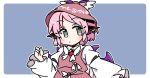  1girl animal_ears bird_ears bird_girl blue_background blush_stickers border brown_dress brown_hat closed_mouth collared_shirt commentary dot_nose dress earrings grey_eyes hat ini_(inunabe00) jewelry long_sleeves looking_at_viewer mystia_lorelei outline outside_border pinafore_dress pink_hair shirt short_hair simple_background single_earring sleeve_garter sleeveless sleeveless_dress solo touhou upper_body white_border white_outline white_shirt winged_hat 