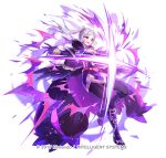 1girl aura belt black_boots black_cape black_corset black_gloves black_pantyhose black_wings blush boots breasts cape cleavage commentary_request corset dark_aura dark_persona dress female_robin_(fire_emblem) female_robin_(grima)_(fire_emblem) female_robin_(grima)_(resplendent)_(fire_emblem) fire_emblem fire_emblem_awakening fire_emblem_heroes gloves kyusoukyu long_hair long_sleeves medium_breasts official_alternate_costume official_art open_mouth pantyhose possessed purple_dress red_belt red_eyes simple_background smile solo twintails white_hair wings 