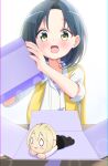  1girl :d aoyama_blue_mountain birthday blush box character_doll ckaiyen doll english_commentary forehead gift gift_box gochuumon_wa_usagi_desu_ka? grey_hair happy_birthday highres lens_flare mate_rin medium_hair nesoberi shirt simple_background smile solo vest white_background white_shirt yellow_eyes yellow_vest 