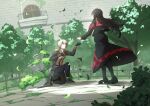  2girls armband belt black_capelet black_coat black_gloves black_hair black_pants black_pantyhose black_shirt black_shoes black_skirt blonde_hair capelet coat collared_shirt commentary crown curtained_hair diamond_hair_ornament epaulettes falling_leaves flower gloves hair_flower hair_ornament hakt_0612 hand_on_own_chest hasumi_leia high_collar layered_skirt leaf long_hair long_skirt long_sleeves mahou_shoujo_no_majo_saiban mini_crown multiple_girls nikaido_hiro on_one_knee outstretched_hand overskirt pants pantyhose plaid_clothes plaid_skirt pleated_skirt red_armband red_eyes red_flower red_skirt sash shirt shoes short_hair shoulder_sash side_capelet skirt white_shirt yellow_eyes yuri 