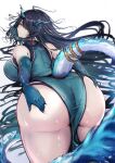  1girl absurdres aqua_hair aqua_horns aqua_streaks arknights ass between_legs black_boots black_hair black_jacket boots breasts commentary dragon_girl dragon_horns dragon_tail dress dusk_(arknights) dusk_(everything_is_a_miracle)_(arknights) earrings eastern_dragon_horns eyeliner fiery_tail fire from_side highres horns huge_ass jacket jewelry large_breasts long_hair looking_at_viewer makeup multicolored_hair necktie official_alternate_costume orange_eyes pointy_ears poni_(poni_arknights) red_eyeliner red_necktie short_dress sleeveless sleeveless_dress solo streaked_hair tail tassel tassel_earrings thick_thighs thighs very_long_hair white_dress wide_hips 