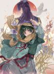  1boy 1girl bird blue_bow blue_robe bow chinese_clothes commentary dove green_hair green_robe hair_bow hair_ornament hair_stick hand_up highres jinshi_(kusuriya_no_hitorigoto) kusuriya_no_hitorigoto long_hair maomao_(kusuriya_no_hitorigoto) purple_eyes purple_hair red_ribbon red_sun ribbon robe untranslatable_commentary yuikisezu 
