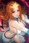  1girl bleach bleach:_sennen_kessen-hen breasts brown_eyes brown_hair center_opening closed_mouth commentary detached_sleeves english_commentary floating_hair glowing halo highres inoue_orihime large_breasts lips long_hair long_skirt looking_at_viewer neoartcore outstretched_arms shirt shun_shun_rikka sideboob single_tear skirt smile solo torn_clothes torn_shirt torn_skirt torn_sleeves very_long_hair white_shirt white_skirt yellow_halo 