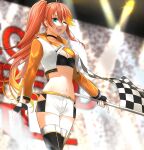  1girl breasts checkered_flag cleavage commentary_request crop_top eiyuu_densetsu flag green_eyes highleg highres holding holding_flag jacket judith_lanster kuro_no_kiseki_(series) kuro_no_kiseki_i long_hair long_single_sidelock multicolored_hair navel one_eye_closed open_mouth orange_hair race_flag race_queen runrui_kaku short_shorts shorts single_sidelock stomach two-tone_hair two-tone_shorts white_shorts 