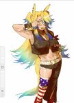  1girl american_flag american_flag_bandana american_flag_legwear american_flag_print animal_ears armband art_program_in_frame asymmetrical_pants bandana_around_arm belt blonde_hair blue_eyes blue_hair breasts cleavage commentary fangs flag_armband flag_print highres horse_ears horse_girl horse_tail jewelry long_hair looking_at_viewer multicolored_hair necklace obey_your_master_(racing)_(umamusume) obey_your_master_(umamusume) open_mouth print_armband shirt smile solo star-shaped_pupils star_(symbol) star_necklace symbol-shaped_pupils tail teeth two-tone_hair umamusume umamusume:_cinderella_gray w white_belt xaki_(chanxaki) yellow_nails 