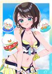  1girl absurdres belt bikini blue_sky border breasts brown_hair cleavage closed_mouth cloud commentary_request hand_on_own_hip highleg highleg_bikini highres hololive hololive_summer_2023_swimsuit medium_breasts navel official_alternate_costume oozora_subaru open_fly polka_dot polka_dot_background short_hair sky smile solo striped_bikini striped_clothes subatomo_(big) subatomo_(small) swimsuit tongue tongue_out user_nkum4425 virtual_youtuber white_belt white_bikini white_border yellow_bikini 