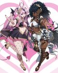  2girls absurdres ahoge anarkee_(vtuber) black_hair black_skirt blue_eyes blue_eyeshadow blue_nails braid breasts cleavage closed_mouth commentary commission curly_hair dark-skinned_female dark_skin demon_girl demon_horns demon_tail dizim earrings eyeshadow fishnet_pantyhose fishnets gold_choker hair_ornament heart heart_ahoge heterochromia high_heel_sandals high_heels highres hoop_earrings horns indie_virtual_youtuber ironmouse jewelry kinky_hair large_breasts long_hair makeup multicolored_hair multiple_girls navel open_mouth pantyhose pink_eyes pink_hair pink_nails pointy_ears purple_eyes purple_hair sandals skirt streaked_hair tail thighs twintails undercut very_long_hair virtual_youtuber white_skirt 