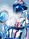  1boy arrow_(symbol) black_gloves commentary_request gloves grey_background helmet highres kamen_rider kamen_rider_drive_(series) kamen_rider_mach male_focus motorcycle_helmet panopi_(nonzaurusu_4) steam tokusatsu visor_lift 