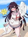  1girl 1shi56 apron bandaged_arm bandaged_hand bandaged_leg bandages bandaid bandaid_on_leg beach blue_skirt blue_sky blush breasts cloud collared_shirt commentary_request danganronpa_(series) danganronpa_2:_goodbye_despair day gameplay_mechanics hand_on_own_hip highres long_hair looking_at_viewer mole mole_under_eye nose_blush outdoors panties pink_shirt purple_eyes purple_hair ringed_eyes shadow shirt short_sleeves skirt sky smile solo speech_bubble translation_request tsumiki_mikan underwear undressing water white_apron white_panties 