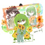  1boy 1girl brown_hair carmen_(project_moon) chibi closed_eyes closed_mouth coat collared_shirt commentary dated flower giovanni_(project_moon) green_hair green_shirt high_ponytail highres holding holding_flower lobotomy_corporation long_hair long_sleeves male_focus medium_hair multiple_views netzach_(project_moon) open_mouth pants ponytail project_moon shirt sitting smile solo_focus suancai629 sunflower white_background yellow_eyes yellow_flower 