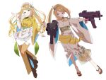  1girl aiming apron aqua_streaks blonde_hair blue_eyes boots brooch brown_boots buttons call_of_cthulhu closed_mouth commentary double-breasted drill_hair drill_sidelocks dual_wielding floral_print floral_print_kimono flower food_print frilled_apron frills fruit_print full_body gun hair_flower hair_ornament hand_up highres holding holding_gun holding_weapon japanese_clothes jewelry kimono leaf_ornament lemon_blossoms lemon_print long_hair long_sleeves looking_at_viewer low_drills maid maid_headdress multicolored_hair multiple_views nakasaaisakaika open_hand outstretched_arms print_kimono purple_streaks ringlets sandals sash shiki_okuri shirt shirt_under_kimono side_drill sidelocks simple_background single_drill smile standing streaked_hair submachine_gun swept_bangs very_long_hair wa_maid waist_apron waist_sash weapon white_apron white_background white_flower white_kimono white_shirt wide_sleeves yellow_kimono yukata zouri 