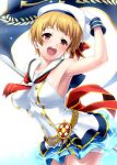  1girl :d arm_up armpits back_bow bare_shoulders blonde_hair blue_flag blue_skirt blush bow breasts buttons commentary_request cowboy_shot double-breasted fukuda_noriko gloves hair_bow hand_on_headwear hat idol idol_clothes idolmaster idolmaster_million_live! idolmaster_million_live!_theater_days impossible_clothes impossible_shirt large_breasts looking_at_viewer miniskirt neckerchief official_alternate_costume open_mouth pleated_skirt red_bow red_eyes red_neckerchief sailor_collar sailor_hat sailor_shirt shirt short_hair shorts shorts_under_skirt simple_background skirt sleeveless sleeveless_shirt smile solo sweat teeth upper_teeth_only white_background white_gloves white_hat white_sailor_collar white_shirt white_shorts zen_(kamuro) zenryoku_cheerleader_(idolmaster) 