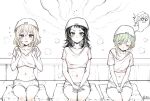  3girls absurdres bang_dream! bang_dream!_it's_mygo!!!!! black_hair blonde_hair closed_mouth commentary green_eyes green_hair hair_up hat highres long_hair medium_hair midriff ming-shuang misumi_uika mortis_(bang_dream!) mortis_(persona)_(bang_dream!) multiple_girls navel open_mouth partially_colored purple_eyes sauna short_hair single_bare_shoulder single_off_shoulder sitting steam sweat tearing_up untranslatable_commentary wakaba_mutsumi yahata_umiri 