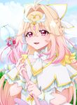  1girl absurdres antenna_hair blonde_hair capelet comet commentary_request cure_arcana day dress earrings gradient_hair hair_intakes highres holding holding_staff jewelry kmm0304 long_hair looking_at_viewer magical_girl meitantei_precure! moria_luluka multicolored_hair open_mouth outdoors pink_nails precure shine_arcana_rod sidelocks smile solo staff white_capelet white_dress wrist_cuffs 