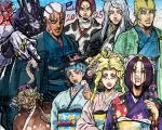  1other 3girls 5boys adversarial_noise alternate_costume animal_print aqua_kimono ashiya_kouhei black_eyes black_hair black_haori black_hat blank_eyes blonde_hair blue_eyes blue_hat blue_lips braid brown_eyes brown_hair commentary cow_print dark-skinned_male dark_skin donatello_versus enrico_pucci facial_mark furisode green_haori gwess haori hat highres japanese_clothes jojo_no_kimyou_na_bouken jongalli_a kenzo kimono mirashon miuccia_miuller multicolored_hair multiple_boys multiple_girls multiple_hats obi old old_man one_eye_closed pink_kimono pink_lips pointy_ears ponytail purple_hair purple_kimono rikiel sash side_braid snake spikes stand_(jojo) stone_ocean streaked_hair top_hat two-tone_hair watermark white_hair whitesnake_(stand) 
