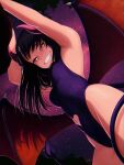  1girl absurdres armpits arms_up bare_shoulders black_hair breasts brown_eyes clothing_cutout commentary demon_girl demon_horns demon_tail demon_wings english_commentary evil_grin evil_smile fang from_below grin hair_ornament hairclip heart_cutout highres horns ijiranaide_nagatoro-san leotard long_hair nagatoro_hayase navel navel_cutout night official_alternate_costume outdoors parallel_hairclips print_leotard purple_leotard sky small_breasts smile solo star_(sky) starry_sky tail tan0915 wings 