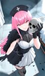  1girl absurdres akaha_ren bed cape chain commentary corset dress english_commentary english_text evil_smile fur-trimmed_cape fur_trim gloves hat highres holding holding_skull hololive hololive_english indoors kneehighs long_hair looking_at_viewer mori_calliope nurse_cap pink_hair red_eyes skirt skull sleeveless sleeveless_dress smile socks solo 