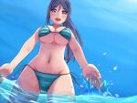 1girl bare_shoulders beach bikini blue_bikini blue_hair blue_sky blush breasts cleavage collarbone commentary day green_bikini hair_tie_in_mouth large_breasts long_hair looking_at_viewer love_live! love_live!_sunshine!! matsuura_kanan micro_bikini mouth_hold navel ocean oomugi_towai open_mouth outdoors pink_eyes sky smile solo stomach striped_bikini striped_clothes swimsuit two-tone_swimsuit wet 