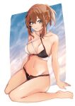  1girl absurdres arm_support azur_lane barefoot bikini black_bikini breasts brown_hair chiru_(218mg) collarbone commentary_request commission cosplay criss-cross_halter dated full_body halterneck helena_(azur_lane) helena_(azur_lane)_(cosplay) helena_(shimmering_triangle_wave)_(azur_lane) highres large_breasts looking_at_viewer multicolored_bikini navel repulse_(azur_lane) signature sitting skeb_commission solo swimsuit toes two-tone_bikini wariza white_bikini 