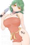  1girl apron arms_behind_back bare_shoulders breast_tattoo breasts cleavage commentary_request green_hair hair_between_eyes head_tilt highres hikage_(senran_kagura) hip_tattoo holding holding_knife kinako_(mzknk0) knife large_breasts looking_at_viewer medium_hair naked_apron senran_kagura sideboob simple_background slit_pupils solo tattoo white_background yellow_eyes 