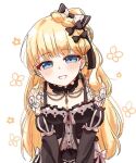  1girl arm_tattoo black_choker black_dress blonde_hair blue_eyes bow braid breasts center_frills choker commentary_request cross cross_earrings dress earrings fishnet_sleeves fishnets frilled_choker frilled_dress frills hair_bow jewelry leaning_forward long_hair long_sleeves looking_at_viewer mahou_shoujo_no_majo_saiban mole mole_under_eye rukina_ruki saeki_miria simple_background smile solo tattoo teeth upper_body white_background 