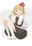  1girl artist_name ascot black_skirt black_vest blonde_hair chinese_commentary collared_shirt commentary_request full_body hair_ribbon long_sleeves looking_at_viewer open_mouth red_ascot red_eyes red_ribbon ribbon rumia shi_yu_mu_xi shirt short_hair skirt skirt_set smile socks solo touhou vest white_shirt white_socks 
