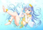  1girl :d ;d bare_legs barefoot bikini blue_background blue_eyes blue_hair blush bottle bottle_to_cheek commentary_request darkpi_(sekzpeodgeodjg) flower frilled_bikini frills full_body gochuumon_wa_usagi_desu_ka? hair_ornament highres holding holding_bottle kafuu_chino knees_up layered_bikini long_hair multicolored_bikini one_eye_closed see-through_clothes see-through_shirt shirt smile solo stomach swimsuit underwater water_drop x_hair_ornament yellow_flower 