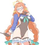  1girl ahoge aqua_neckerchief black_gloves black_leotard blue_archive blue_eyes blue_sailor_collar blue_shrug blush braid breasts commentary_request english_commentary feathered_wings fr_0_ggs frilled_thigh_strap glasses gloves halo head_wings highres holding holding_whip large_breasts leotard long_hair low_twin_braids neckerchief official_alternate_costume official_alternate_hairstyle open_mouth orange_hair partial_commentary sailor_collar semi-rimless_eyewear shimiko_(blue_archive) shimiko_(magical)_(blue_archive) shrug_(clothing) solo thigh_strap twin_braids very_long_braid very_long_hair whip wings yellow_halo 