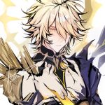  1boy absurdres armor artist_name asarisa asymmetrical_wings black_bridal_gauntlets blonde_hair bridal_gauntlets commentary cracked_skin crossed_arms diamond-shaped_pupils diamond_(shape) gauntlets hair_between_eyes halo halo_behind_head highres honkai:_star_rail honkai_(series) jewelry long_hair_between_eyes looking_at_viewer male_focus neck_ring pauldrons phainon_(honkai:_star_rail) phainon_(khaslana)_(honkai:_star_rail) short_hair shoulder_armor simple_background single_gauntlet single_pauldron solo symbol-shaped_pupils teeth untranslatable_commentary upper_body v-shaped_eyebrows white_background wings yellow_eyes yellow_halo 