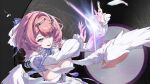  1girl breasts chinese_commentary commentary_request dress falling_feathers feathered_wings feathers grey_background highres large_breasts medium_hair pink_hair pointy_ears purple_eyes remielle_dan smile solo white_dress white_feathers white_wings wings zenless_zone_zero zuomuzi_cheche 
