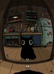  animal black_cat bottle cat commentary cooking_pot dice english_commentary franrekk highres indoors kitchen knife lamp mirror no_humans original pov reflection refrigerator signature spring_onion towel wooden_floor wooden_wall 