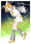  1girl blonde_hair blue_eyes bow bowtie breasts commentary eroriru fingerless_gloves full_body gloves grey_leg_warmers grey_sailor_collar grey_sleeves hair_bow headphones jacket kagamine_rin kagamine_rin_(nt) leg_warmers looking_at_viewer midriff navel number_tattoo open_mouth piapro_studio ponytail ribbed_gloves sailor_collar sailor_jacket see-through_sleeve_layer shoes short_hair short_ponytail shorts small_breasts tattoo teeth treble_clef upper_teeth_only vocaloid white_jacket white_shoes white_shorts wing-shaped_bow yellow_bow yellow_bowtie yellow_nails yellow_trim z_hair_ornament 