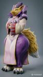  3d ai-generated animal_ears black_hat blue_eyes body_fur closed_mouth digimon digimon_(creature) fox_ears fox_tail full_body furry grey_background hands_in_opposite_sleeves hat highres long_sleeves non-web_source pants print_robe purple_pants robe shinto smile solo standing tail taomon white_robe yellow_fur yin_yang yin_yang_print 