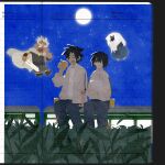  4boys aged_down autumn00rain beard black_eyes black_hair blue_pants blue_sky blue_tunic can cape closed_eyes commentary_request corn_field dark-skinned_male dark_skin drink_can facial_hair false_memory floating grass grey_jacket guan_chao_(false_memory) guan_chao_(teenager)_(false_memory) hair_between_eyes hair_over_one_eye handheld_game_console he_mingshuo high_collar highres jacket male_focus medium_hair moon multiple_boys night no_lineart no_nose notebook open_mouth outdoors pants shirt sitting sky smile sword track_jacket train tunic weapon white_hair white_shirt zipper zipper_pull_tab 