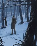  1boy 1girl against_tree bare_tree black_coat black_hair coat commentary footprints from_behind full_body hands_in_pockets long_hair opera865no original outdoors scenery short_hair snow snowing standing tree winter 