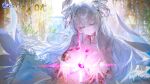  1girl absurdres artist_request azur_lane breasts closed_mouth commentary copyright_logo copyright_name copyright_notice english_commentary english_text gem grey_eyes grey_hair highres jewelry large_breasts logo long_hair milestone_celebration official_art pink_gem smile solo upper_body valparaiso_(azur_lane) very_long_hair 