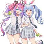  2girls :d absurdres ahoge animal_ears black_bow black_necktie black_shoes blue_eyes blue_hair bow center-flap_bangs collared_shirt colored_inner_hair commentary_request cosplay extra_ears fang gradient_hair grey_skirt hair_bow hair_intakes hair_ornament hair_scrunchie hand_up highres hololive hololive_dev_is irodori_drawpic kikirara_vivi kneehighs loafers locked_arms long_hair looking_at_viewer loose_socks miniskirt multicolored_hair multiple_girls necktie official_alternate_costume official_alternate_hairstyle open_mouth orange_eyes pink_hair plaid_clothes plaid_skirt purple_hair rabbit-shaped_pupils rabbit_ears rabbit_girl school scrunchie shirt shirt_tucked_in shoes short_eyebrows side_ponytail simple_background skirt smile socks star-shaped_pupils star_(symbol) streaked_hair symbol-shaped_pupils teeth thick_eyebrows three-quarter_sleeves twintails two-tone_hair upper_teeth_only usada_pekora usada_pekora_(12th_costume) usada_pekora_(cosplay) very_long_hair virtual_youtuber white_background white_shirt white_socks white_streaks wrist_scrunchie 