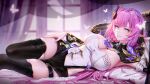  1girl armpits asymmetrical_clothes asymmetrical_legwear bed bed_sheet black_gloves blue_eyes boots breasts bug butterfly cape celtic_knot cleavage closed_mouth clothing_cutout commentary cowboy_shot curtains elbow_rest elf elysia_(honkai_impact) elysia_(miss_pink_elf)_(honkai_impact) english_commentary gloves hair_between_eyes hair_flowing_over hair_ornament hair_spread_out hand_on_own_hip hbb highres honkai_(series) honkai_impact_3rd indoors large_breasts lips long_hair long_pointy_ears long_sleeves looking_at_viewer lounging lying on_side open_mouth pink_hair pointy_ears second-party_source shorts side_cutout single_glove smile solo thighhighs very_long_hair window 