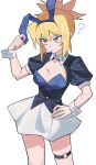 1girl ? animal_ear_hairband animal_ears belt black_jacket blonde_hair blue_leotard cleavage_cutout clothing_cutout commentary dr._stone fake_animal_ears grey_eyes hairband hand_on_own_hip highres hinapgjh jacket kohaku_(dr._stone) leotard leotard_under_clothes nontraditional_playboy_bunny o-ring o-ring_belt puffy_short_sleeves puffy_sleeves rabbit_ear_hairband rabbit_ears short_sleeves simple_background skirt solo thigh_belt thigh_strap untranslatable_commentary white_background white_skirt white_wrist_cuffs wrist_cuffs 