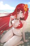 1girl absurdres akane_lize aqua_(eos8012) bare_arms bare_shoulders barefoot beach bikini black_bikini blonde_hair blonde_streaks blue_sky blurry blurry_background breasts cleavage cloud cloudy_sky commentary flower hair_flower hair_ornament hand_up highres korean_commentary large_breasts long_hair multicolored_hair navel o-ring o-ring_bikini o-ring_top ocean orange_flower red_bikini red_hair sand seiza sitting sky smile solo stellive stomach streaked_hair swimsuit teeth two-tone_hair virtual_youtuber 