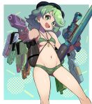  1girl :d aiming aiming_at_viewer alternate_costume bikini breasts camouflage camouflage_bikini commentary_request green_bikini green_eyes green_hair green_hat hat highres holding holding_water_gun jewelry key key_necklace looking_at_viewer navel necklace open_mouth small_breasts smile solo stomach swimsuit syope thighs touhou twitter_username water_gun yamashiro_takane 