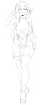  1girl :d absurdres blush bracelet breasts center-flap_bangs center_opening choker collarbone double-parted_bangs dress earrings elf english_commentary full_body highres jewelry large_breasts lineart long_pointy_ears looking_at_viewer mole mole_on_breast original oro_(aaaoro) pelvic_curtain pointy_ears sandals sidelocks simple_background sketch skindentation smile solo sweat thigh_strap white_background 