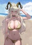  1girl arm_behind_back arm_up backward-facing_horns bare_arms bare_shoulders beach bikini black_choker black_horns blonde_hair blue_sky blush breasts choker cleavage closed_mouth cloud collarbone commentary cuhp day english_commentary gold_bikini groin hair_between_eyes hair_intakes halterneck hand_in_own_hair highres horns large_breasts long_hair looking_at_viewer navel number_print ocean outdoors pink_lips red_eyes side-tie_bikini_bottom sideboob sky solo standing stomach straight-on sunlight swimsuit thighs very_long_hair wet wuthering_waves zani_(wuthering_waves) 