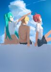  3girls akita_neru aqua_eyes aqua_hair black_skirt blonde_hair brown_cardigan cardigan cardigan_around_waist clothes_around_waist commentary drill_hair hatsune_miku kasane_teto long_hair medium_hair multiple_girls pleated_skirt red_eyes red_hair shirousa_2943 shirt short_sleeves side_ponytail sitting skirt triple_baka_(group) triple_ryuunen twin_drills twintails utau very_long_hair vocaloid white_shirt yellow_eyes 