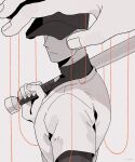  1boy 1other arm_up baseball_bat baseball_cap closed_mouth commentary_request covered_eyes frown grey_background hat highres holding holding_baseball_bat holding_weapon layered_clothes long_sleeves male_focus off_(game) out_of_frame seikoo_caffeine shirt short_hair short_sleeves signature solo_focus the_batter_(off) upper_body very_short_hair weapon 
